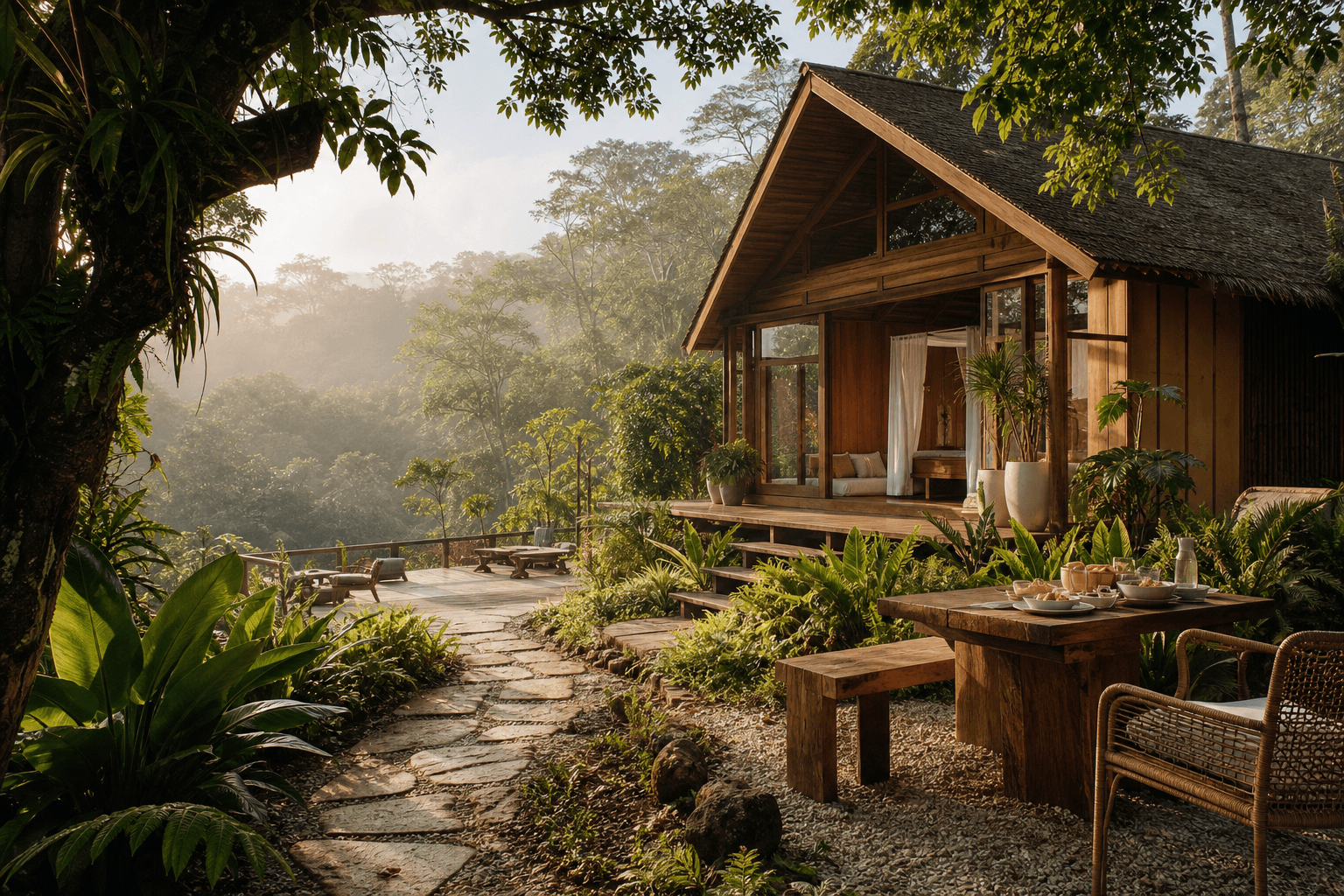 A quiet timber cabin surrounded by lush gardens at Hinom Stay